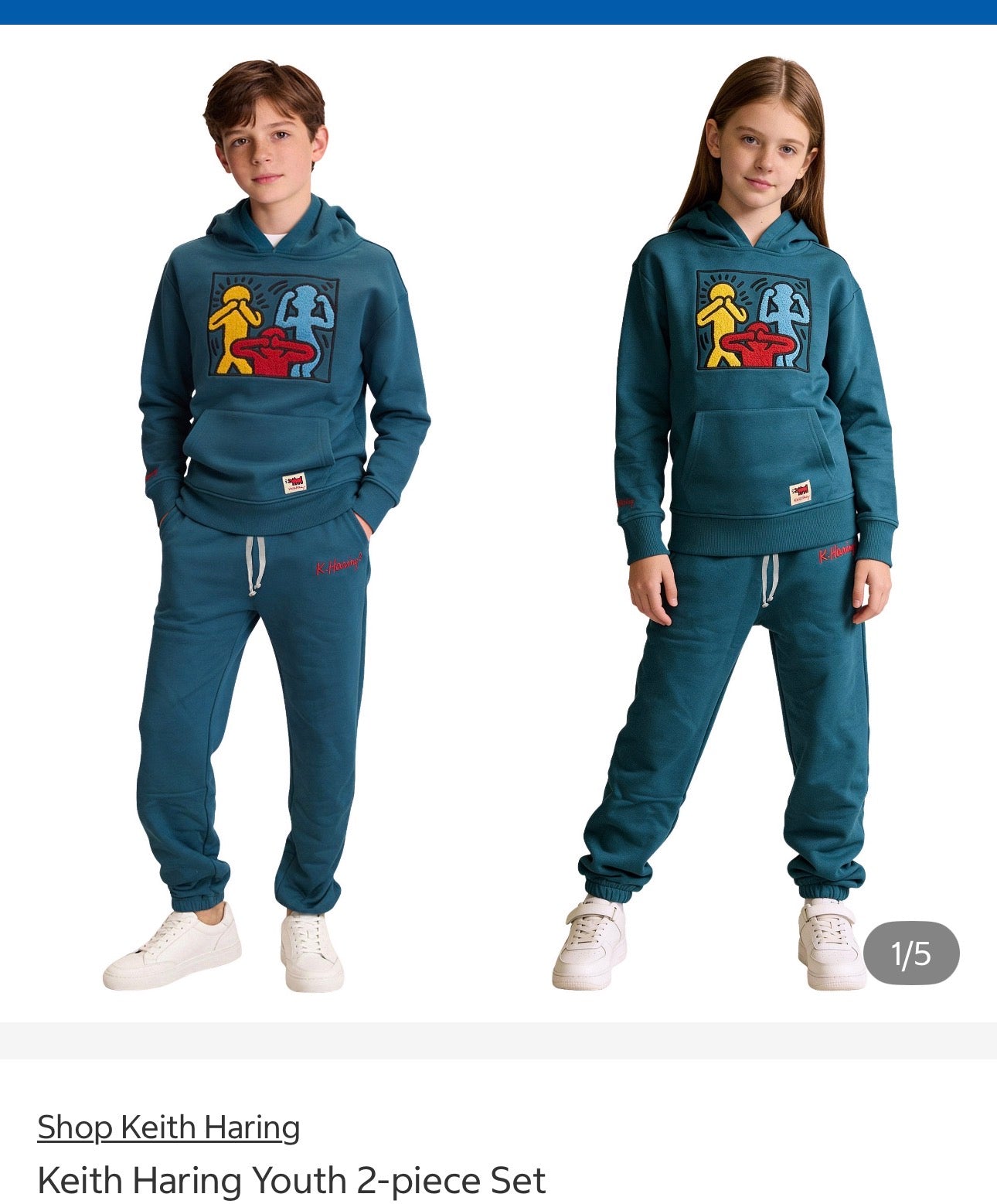 Keith Haring™
Colors: Blue (Teal), Gray (Heather Grey), Black
Set includes (1) hoodie, & (1) jogger
Side seam pockets
Kangaroo pocket
Iconic Keith Haring artwork
Made in Vietnam

Content:
60% Cotton | 40% Polyester
Exclusive of decoration

Sizing:
Yout