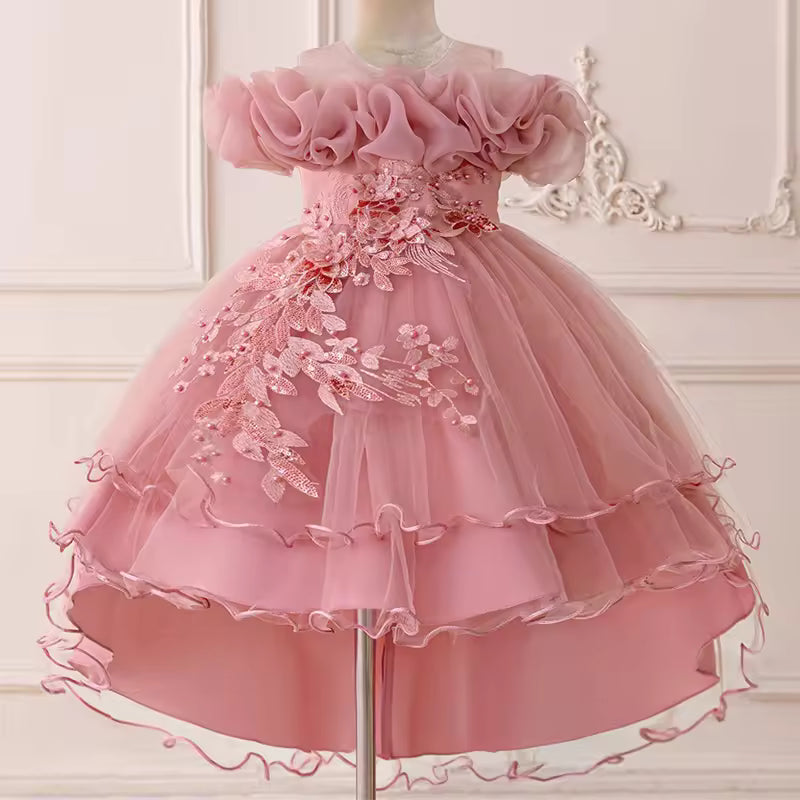 Pink Princess Floral Ruffle Party Dress