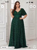 UNITHORSE  [Random Print] Plus Size Elegant V-Neck Sequin Dress, Short Sleeve Backless Pleated Evening Gown