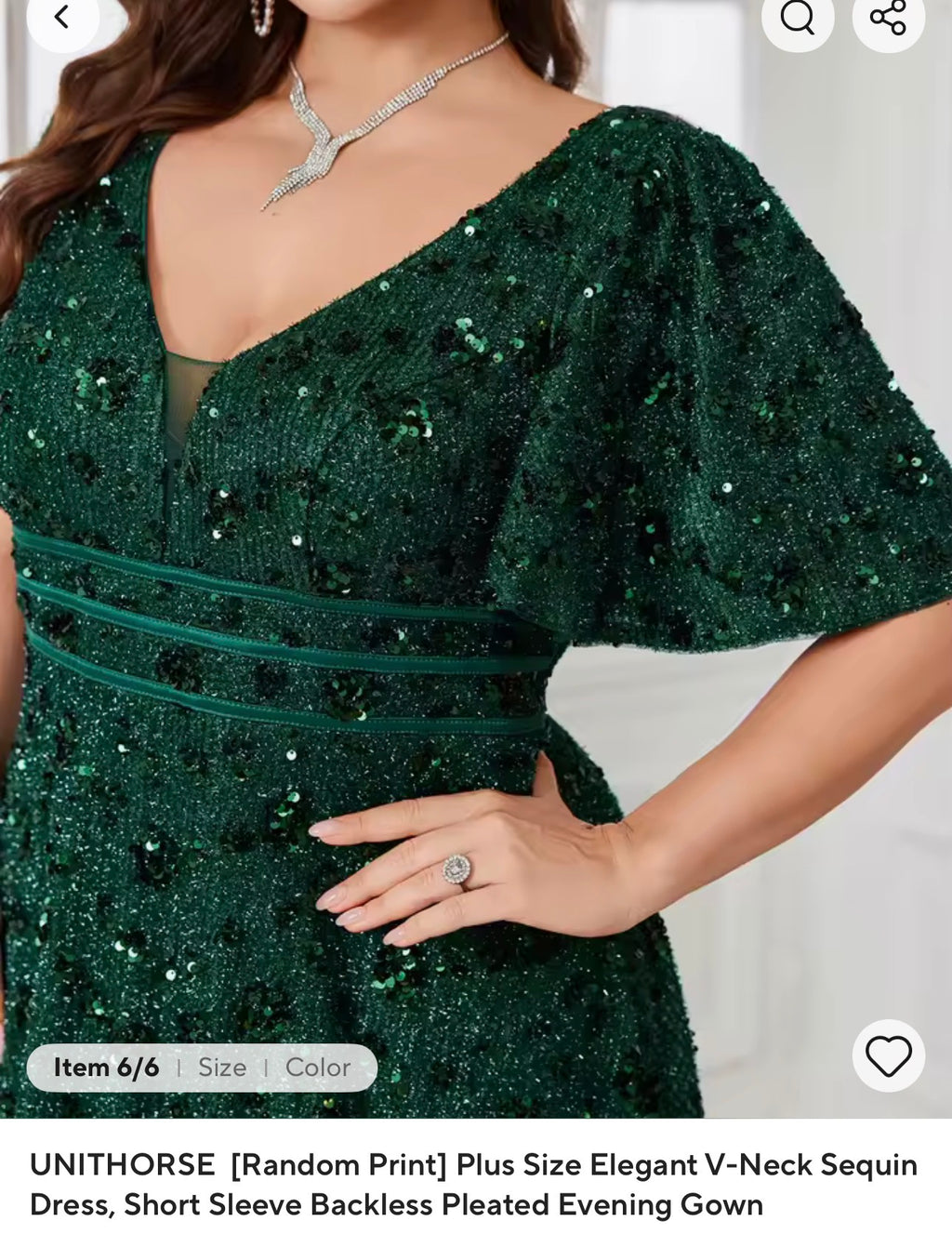 UNITHORSE  [Random Print] Plus Size Elegant V-Neck Sequin Dress, Short Sleeve Backless Pleated Evening Gown