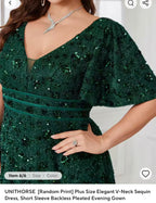 UNITHORSE  [Random Print] Plus Size Elegant V-Neck Sequin Dress, Short Sleeve Backless Pleated Evening Gown