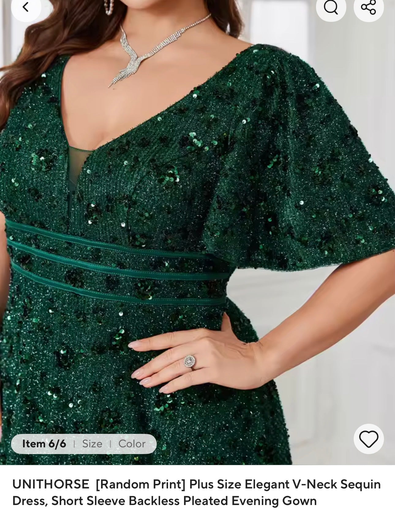 UNITHORSE  [Random Print] Plus Size Elegant V-Neck Sequin Dress, Short Sleeve Backless Pleated Evening Gown