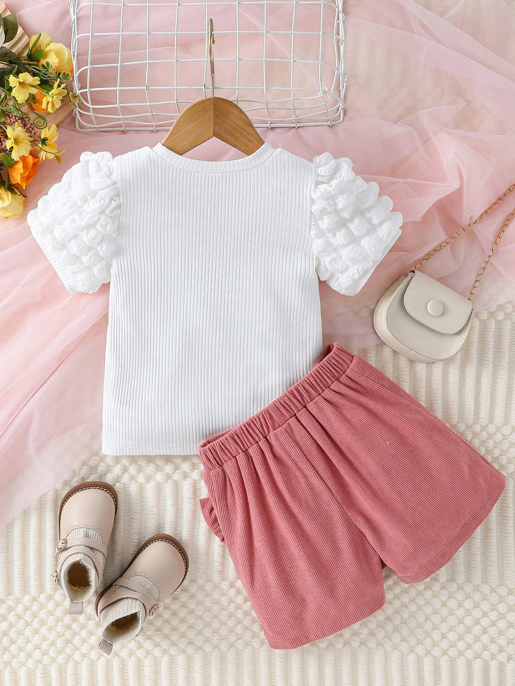 Heart Puff Sleeve Top & Bow Shorts Set