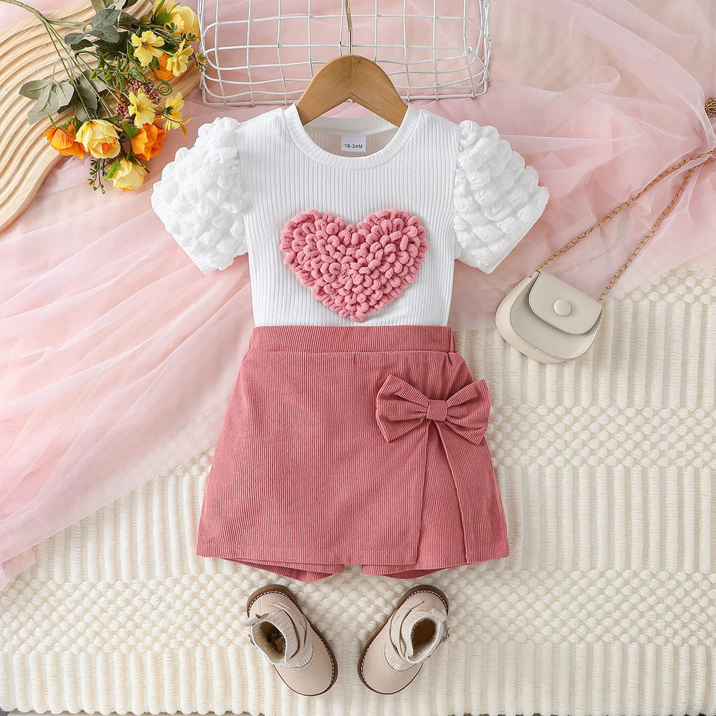 Heart Puff Sleeve Top & Bow Shorts Set
