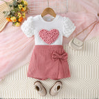 Heart Puff Sleeve Top & Bow Shorts Set