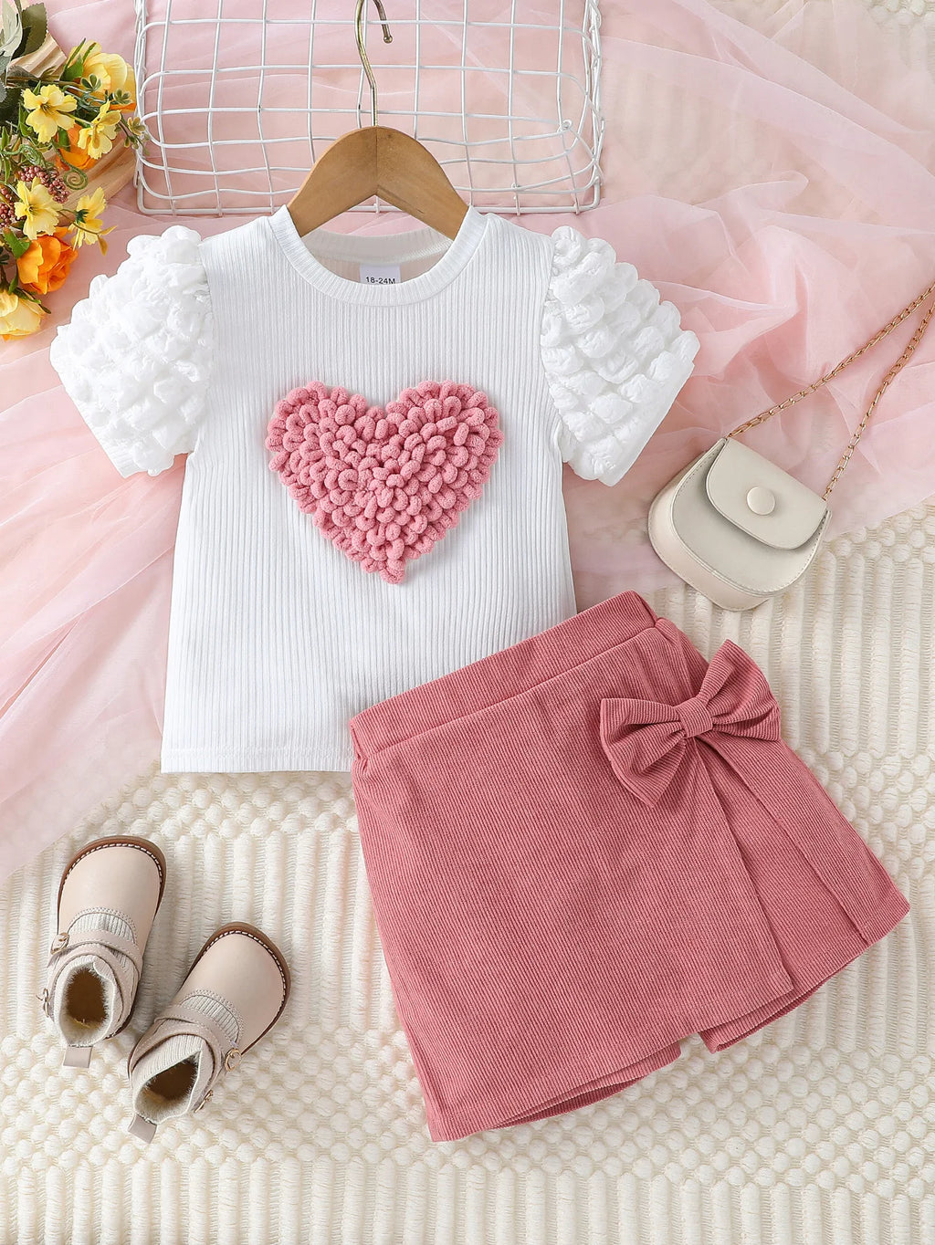 Heart Puff Sleeve Top & Bow Shorts Set