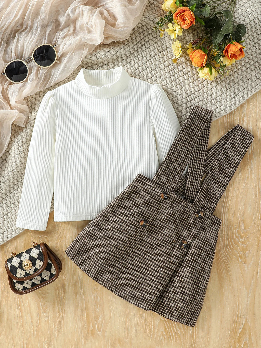 Long Sleeve Top & Plaid Skirt Set