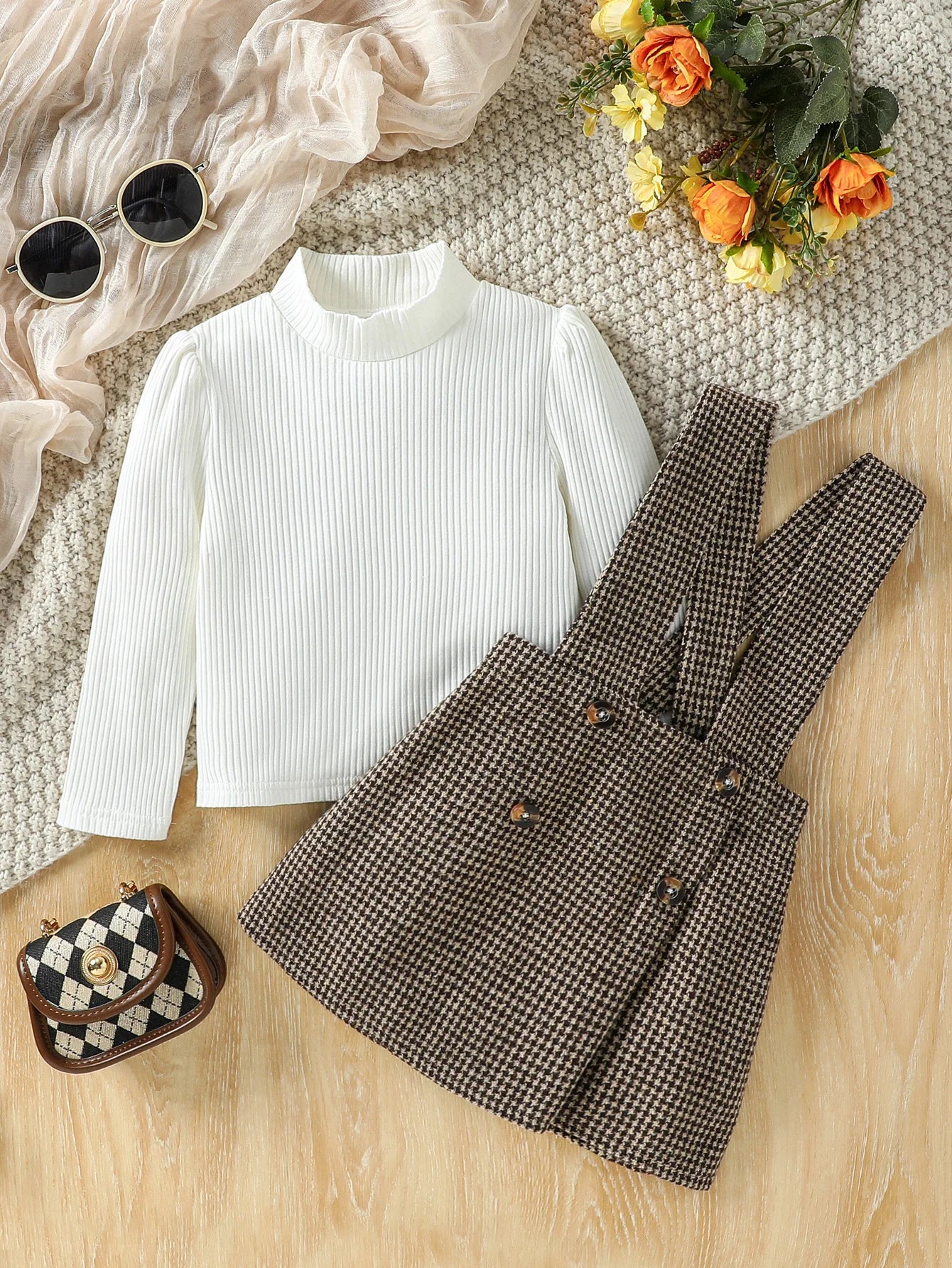 Long Sleeve Top & Plaid Skirt Set
