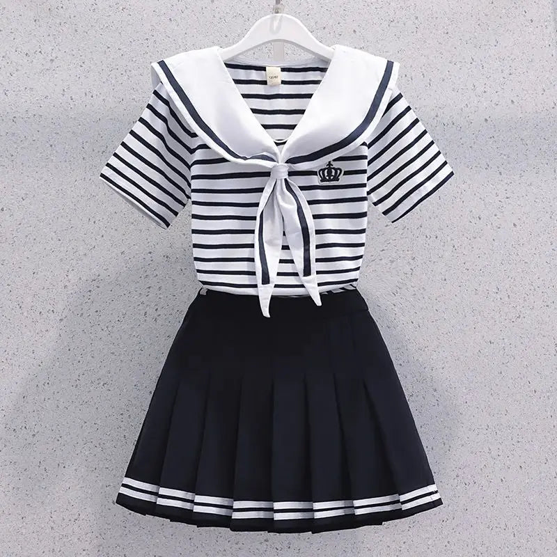 Girls Sailor Collar Striped Summer Set