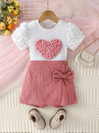 Heart Puff Sleeve Top & Bow Shorts Set