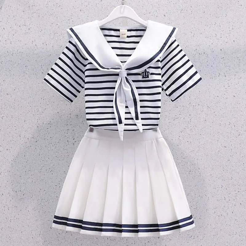 Girls Sailor Collar Striped Summer Set
