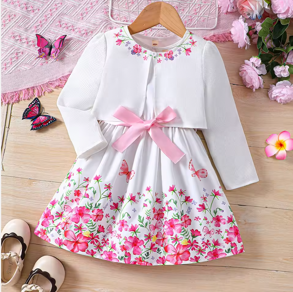 Floral princess dress set with cardigan