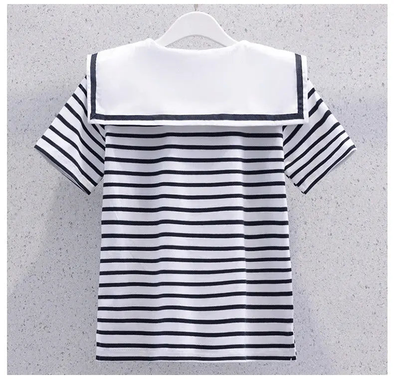 Girls Sailor Collar Striped Summer Set