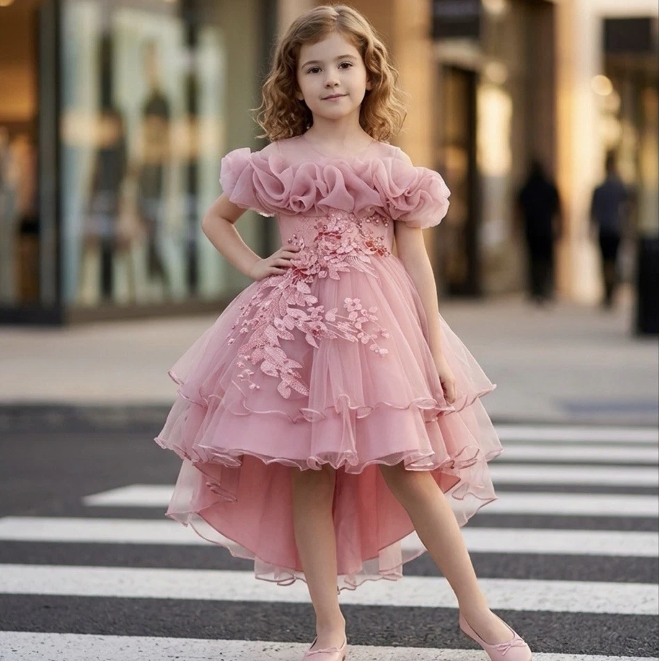 Pink Princess Floral Ruffle Party Dress